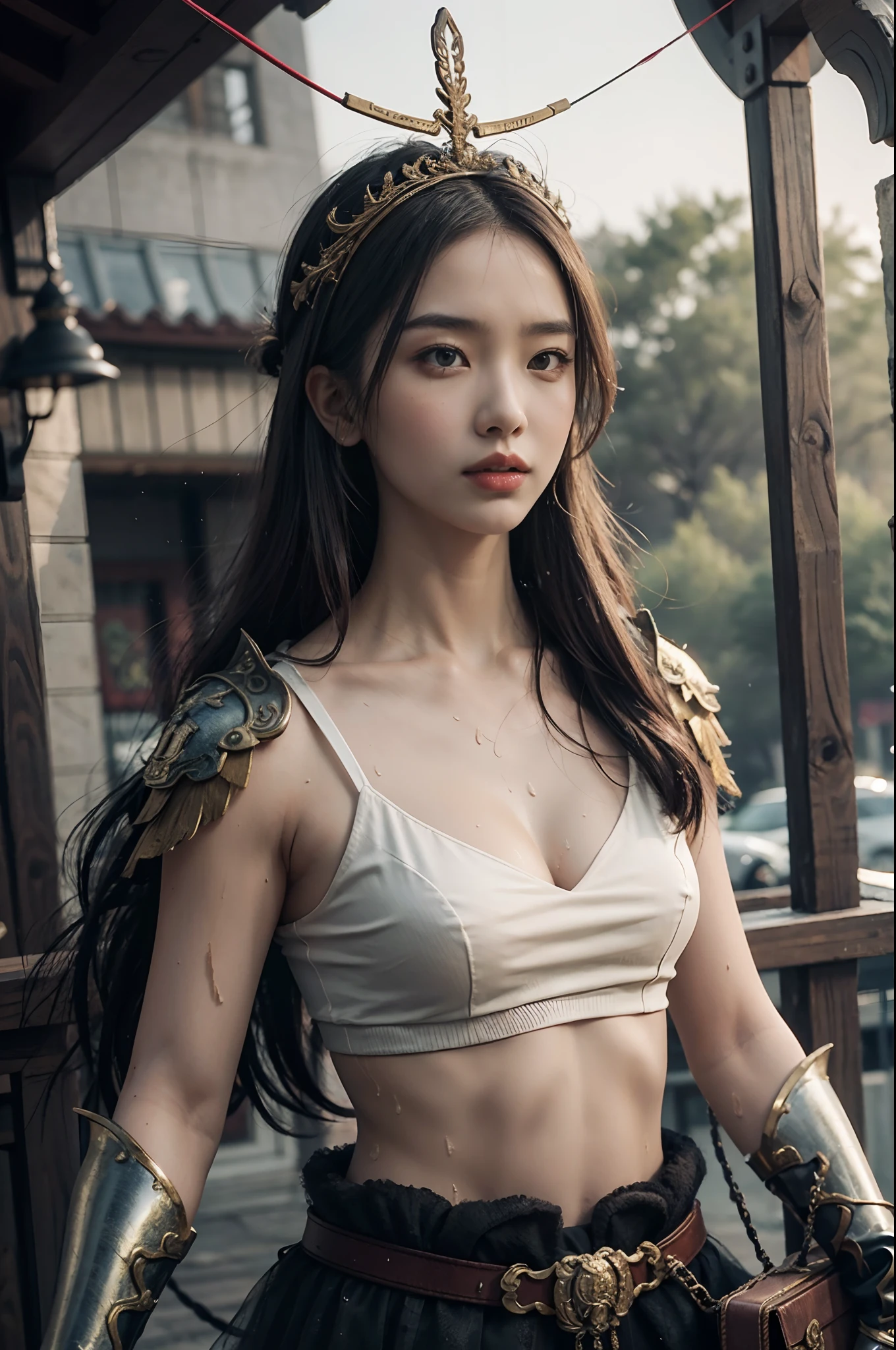 ((Best Quality, 8K, Masterpiece: 1.3))), Clear Focus: 1.2, (Layer Cut, Large: 1.2), Beauty with Perfect Figure: 1.4, Slim Abs: 1.2, Wet Body: 1.5, Highly Detailed Face and Skin Texture, Detailed Eyes, Double Eyelids, Long Brown Hair, Collarbone, Chinese Female General, Armor, Full Body, Archery Action