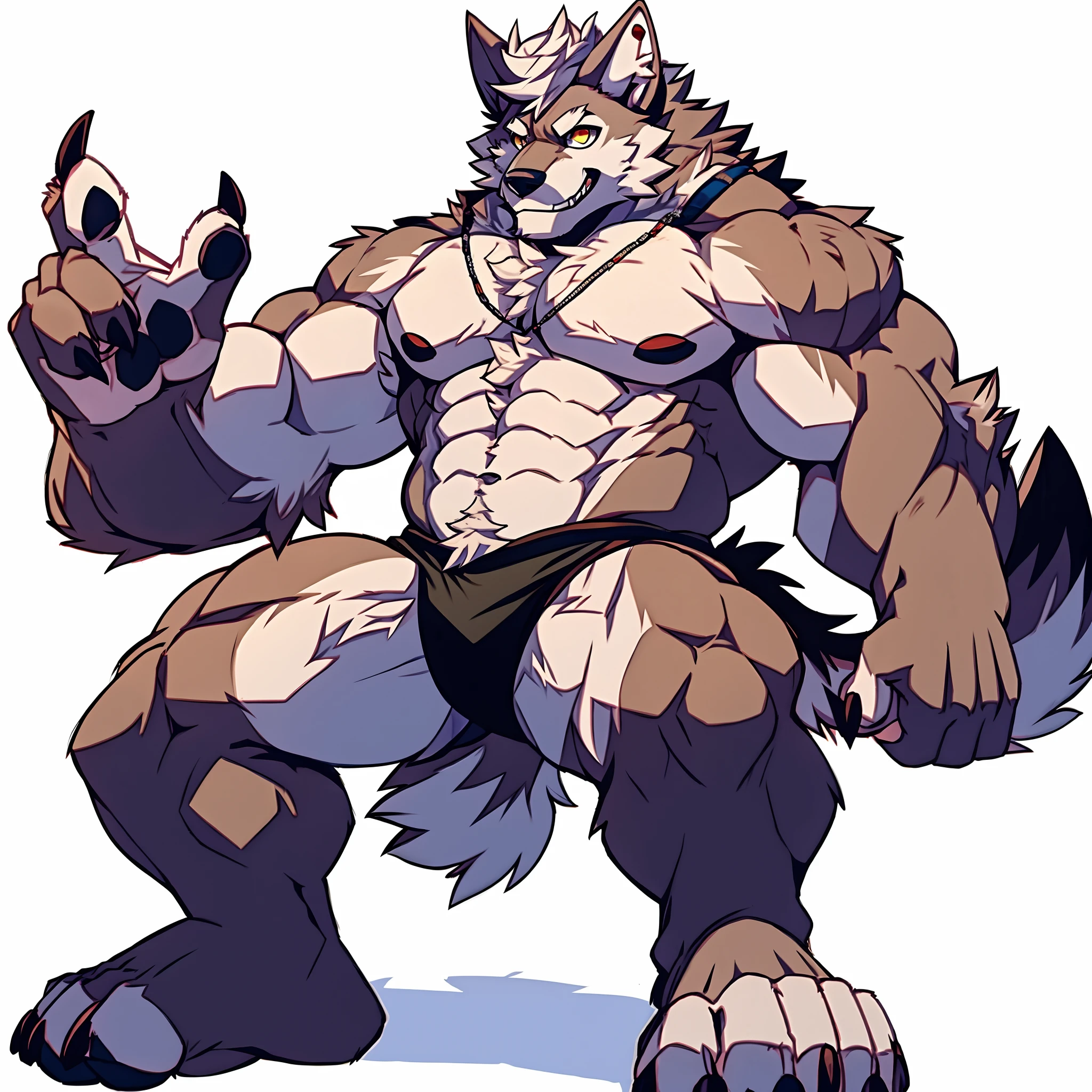 Human-wolf,musculous,Hairy all over,clawed paws,erect through