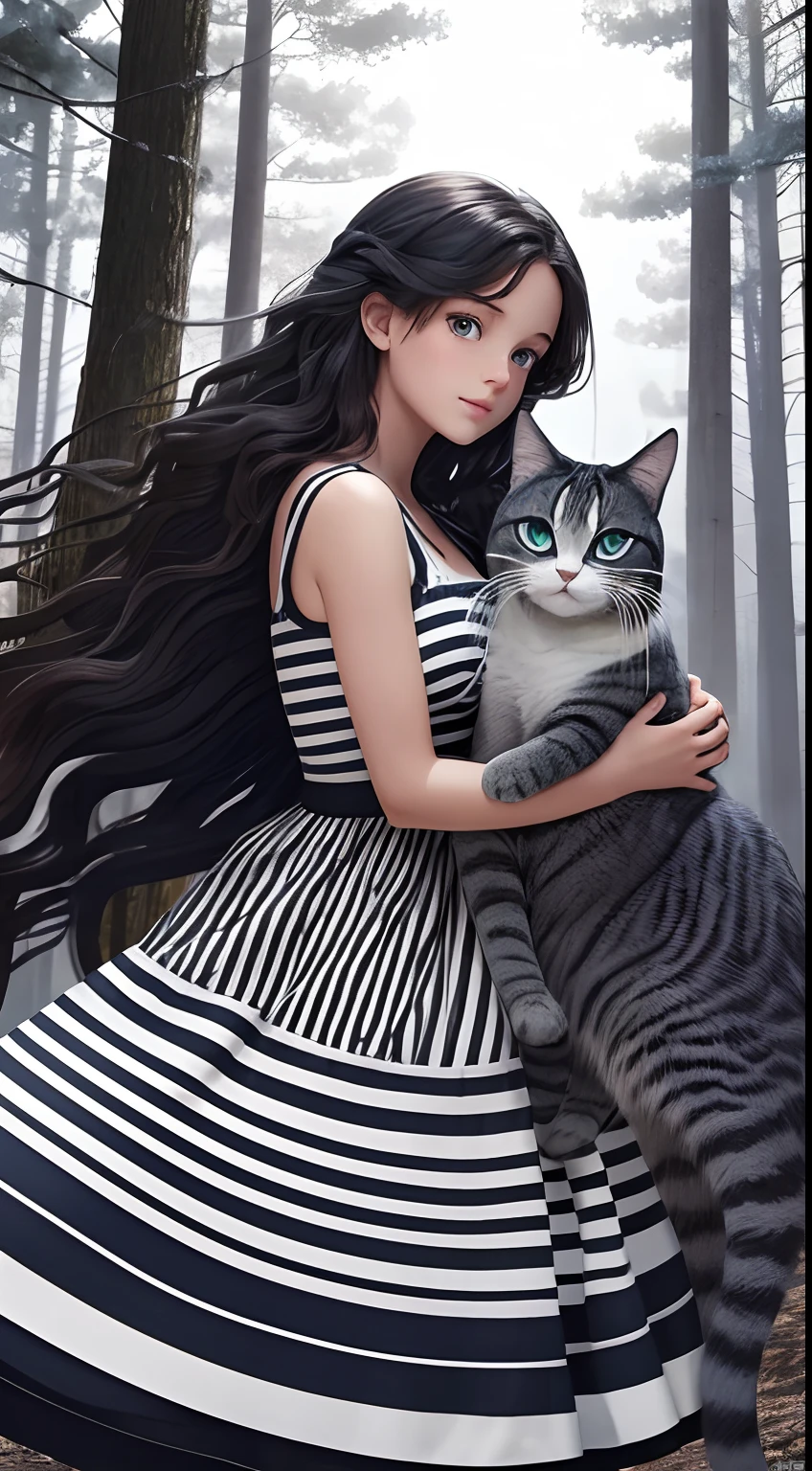 Illustration of a girl with long curly brown hair and blue eyes in a black and white striped dress with a gray cat in her arms dancing in the forest