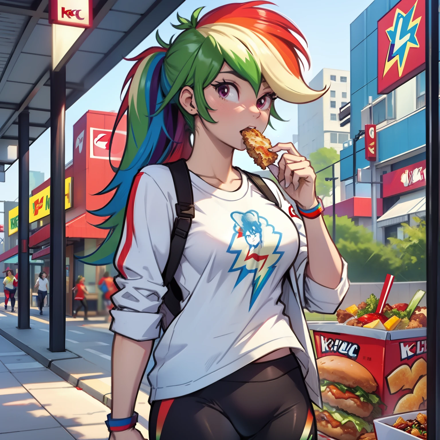 best quality, high quality, a cute girl, solo, rainbow dash, jacket, tshirt, yoga pants, eating KFC, KFC, KFC building, KFC restaurant