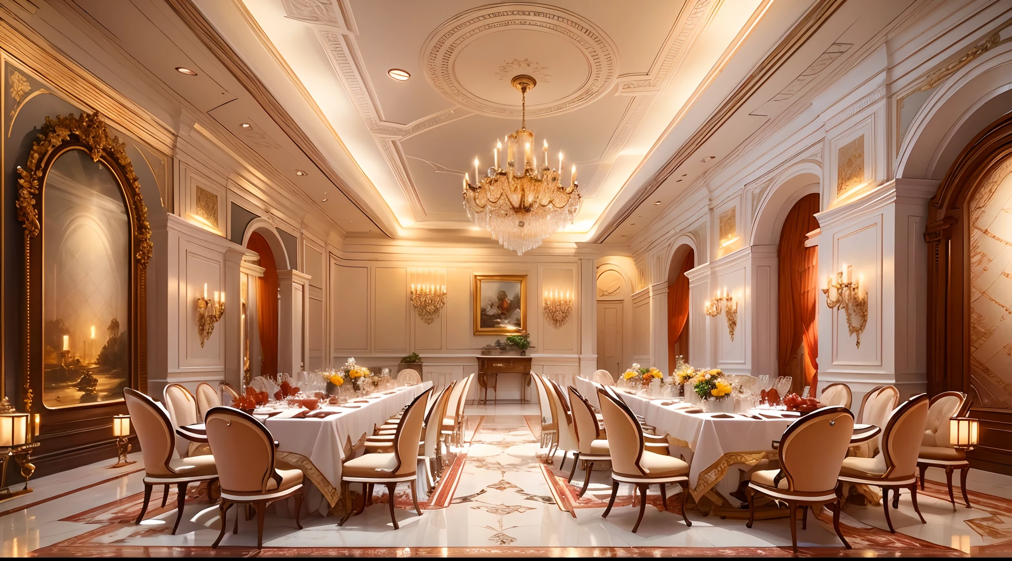 (best quality,4k,highres,masterpiece:1.2),ultra-detailed,realistic,detailed table scene,dining room,beautifully set table,richly decorated room,exquisite tablecloth,ornate cutlery,sparkling crystal glasses,expensive chinaware,deliciously arranged food,appetizing dishes,elaborate centerpiece,vibrant flower arrangement,warm candlelight,subtle shadows,elegant dining chairs,refined atmosphere,opulent surroundings,carefully selected ingredients,dining experience,culinary delight,gastronomic pleasure