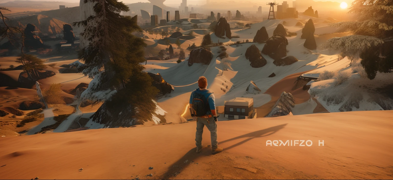 arafed view of a man standing on a hill overlooking a city, distant full body view, hdr render in unreal engine 5, in a scenic background, filmic tonemapping, cinematic view!!!, unreal engine 5 hdr, vfx shot, realistic unreal engine 5, hdr shot, in matte painting, drone footage, overlooking a desolate wasteland