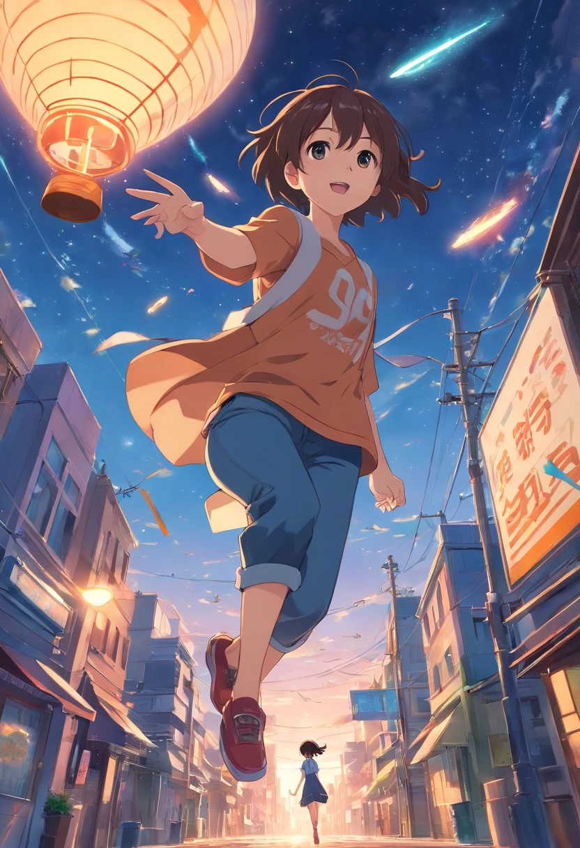 Books start to appear in the sky, flying around the person. The camera angle should be a high-angle shot looking down at the person. Convey the person's surprise as one book begins to descend towards them