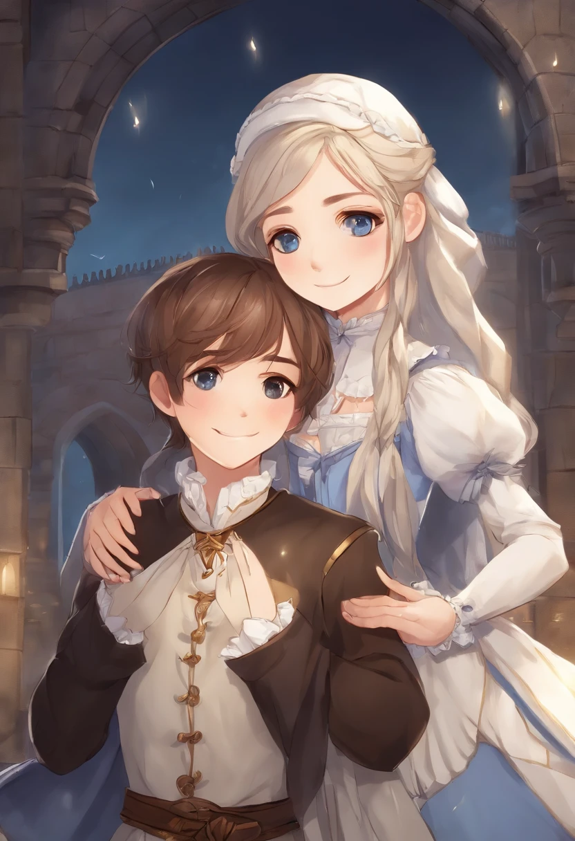"Create a realistic anime-style image that depicts two characters in a medieval square. The first character is a 12-year-old, baixo, com cabelos cacheados loiros grandes, pele clara, e ele se veste como um femboy com uma roupa de mago branca, segurando um cajado com um cristal azul. her eyes are blue, And he's smiling shyly. The second character is a 19-year-old girl, alta, com cabelos longos lisos marrons, olhos verdes e pele clara. She's dressed like a maid and she's smiling. A cena deve ser detalhada, highlighting the unique characteristics of each character and the magical atmosphere of the square."