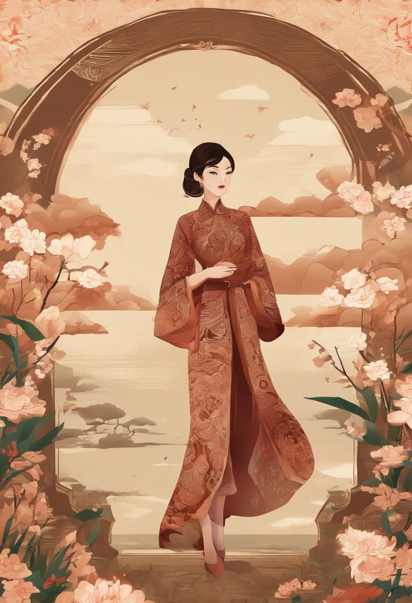 Oriental Woman, Brown short hair in a hanyan dress in the meadow