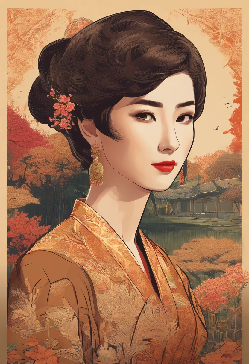 Oriental Woman, Brown short hair in a hanyan dress in the meadow