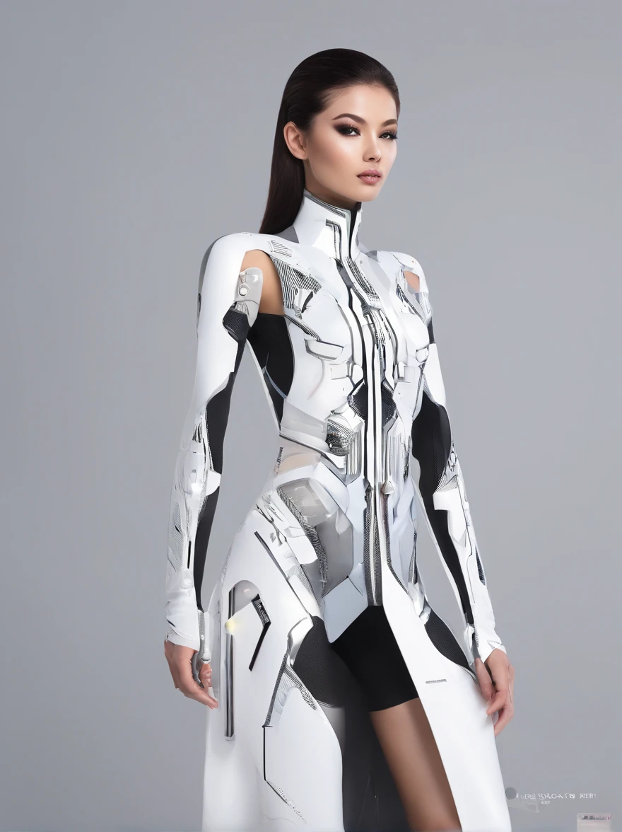 An ultra tall ultra beautiful tech fashion woman, high cheekbones, floral modesty cover white fabric, white plastic cover, flowing white tech silk, futuristic tech design skin, tech imbedded in suit fabric, tech fashion in transporter holodeck, full body