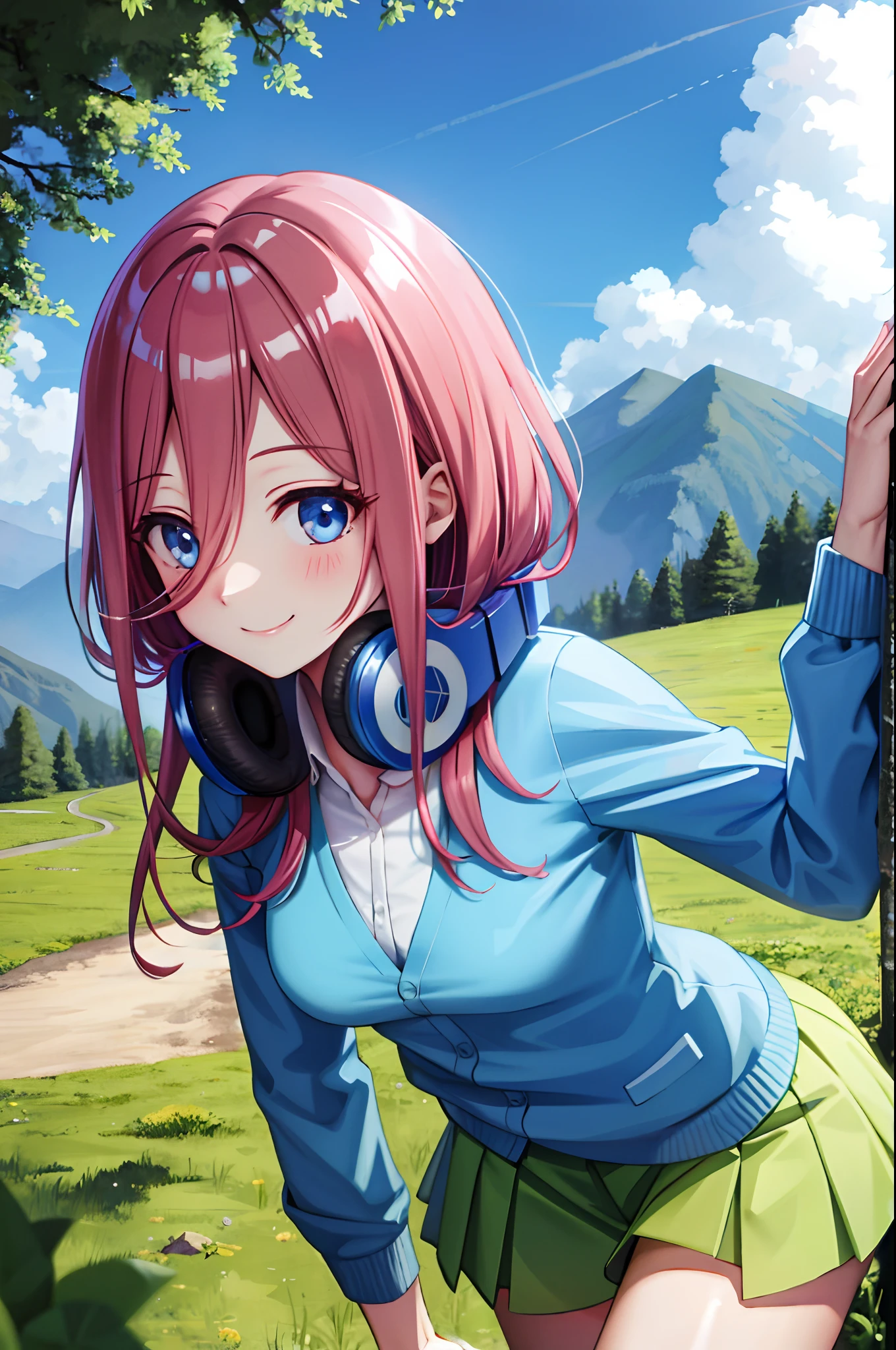 best quality, masterpiece, nice hands, perfect hands, Miku hiking, smile, small breasts, Blue Cardigan, county road,
