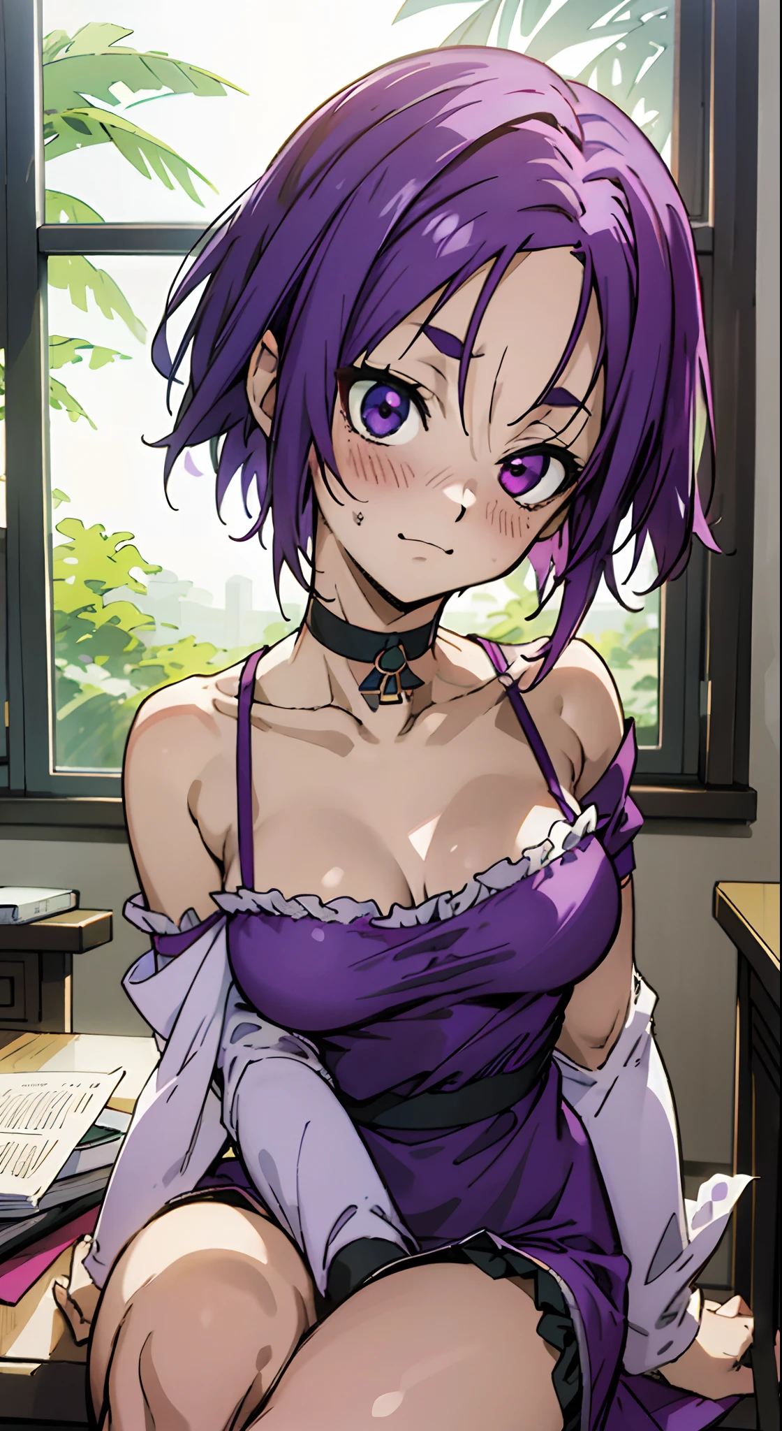 Fern,Big breast,Cleavage,Barmaiden,Barmaiden outfit with cleavage,Chocker,Bun hair,vertical hoop earring,Wedding ring,gaze to viewer