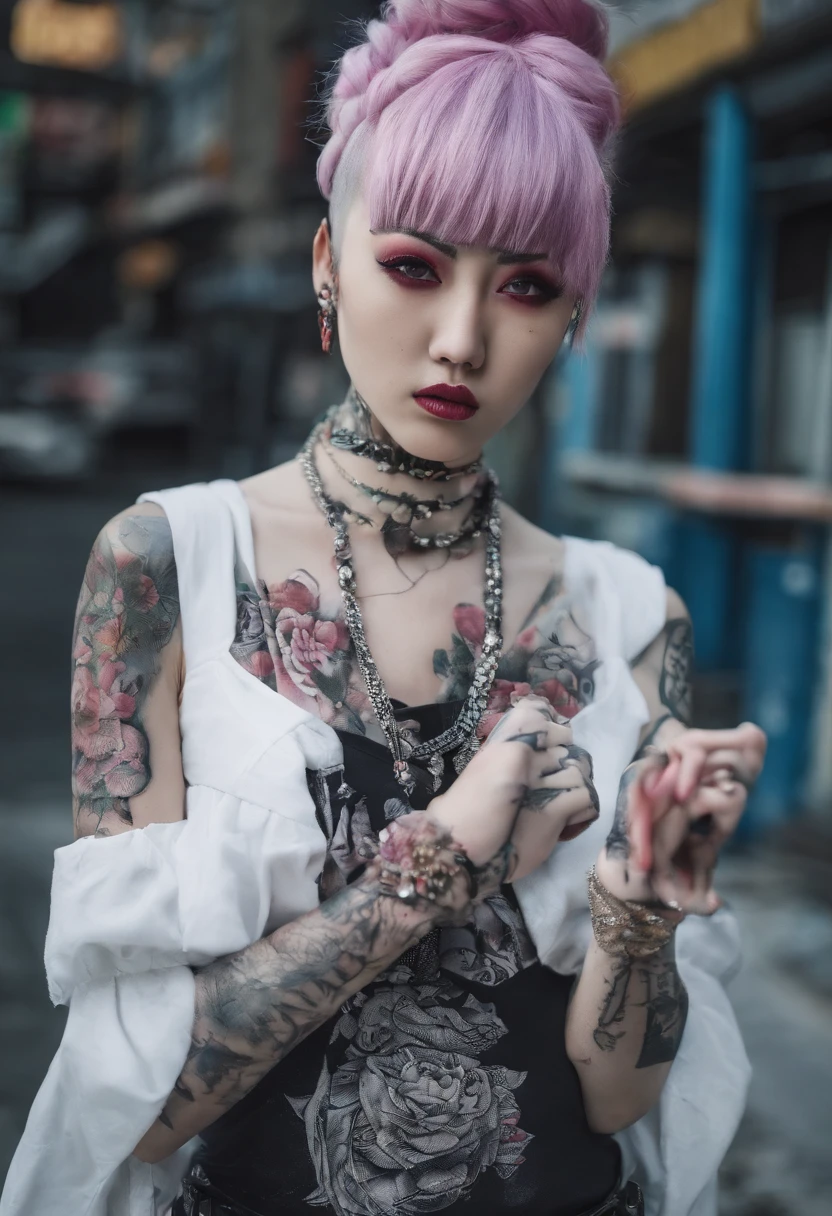 traditional japanese emo geisha skinhead, hairgoth, emo goth spikey fashion shoot editorial style, Hypebeast ultra fast fashion gang signs with goth emo accessories