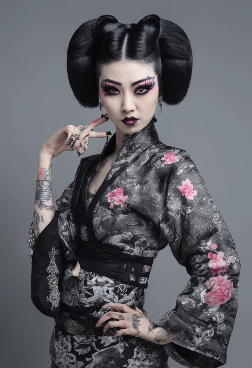 traditional japanese emo geisha skinhead, hairgoth, emo goth spikey fashion shoot editorial style, Hypebeast ultra fast fashion gang signs with goth emo accessories