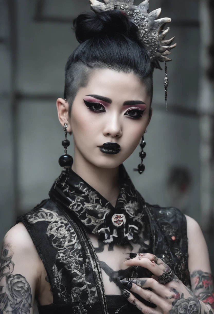 traditional japanese emo geisha skinhead, hairgoth, emo goth spikey fashion shoot editorial style, Hypebeast ultra fast fashion gang signs with goth emo accessories