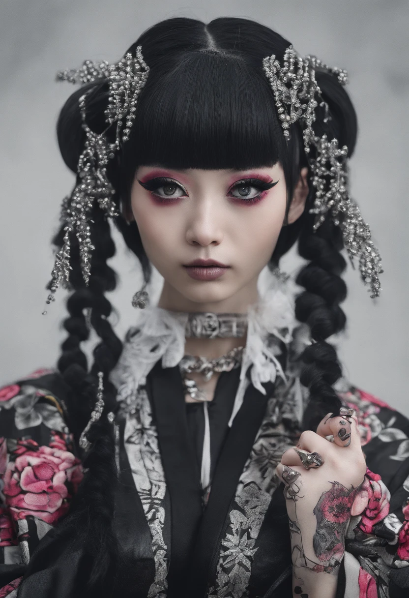 traditional japanese emo geisha skinhead, hairgoth, emo goth spikey fashion shoot editorial style, Hypebeast ultra fast fashion gang signs with goth emo accessories