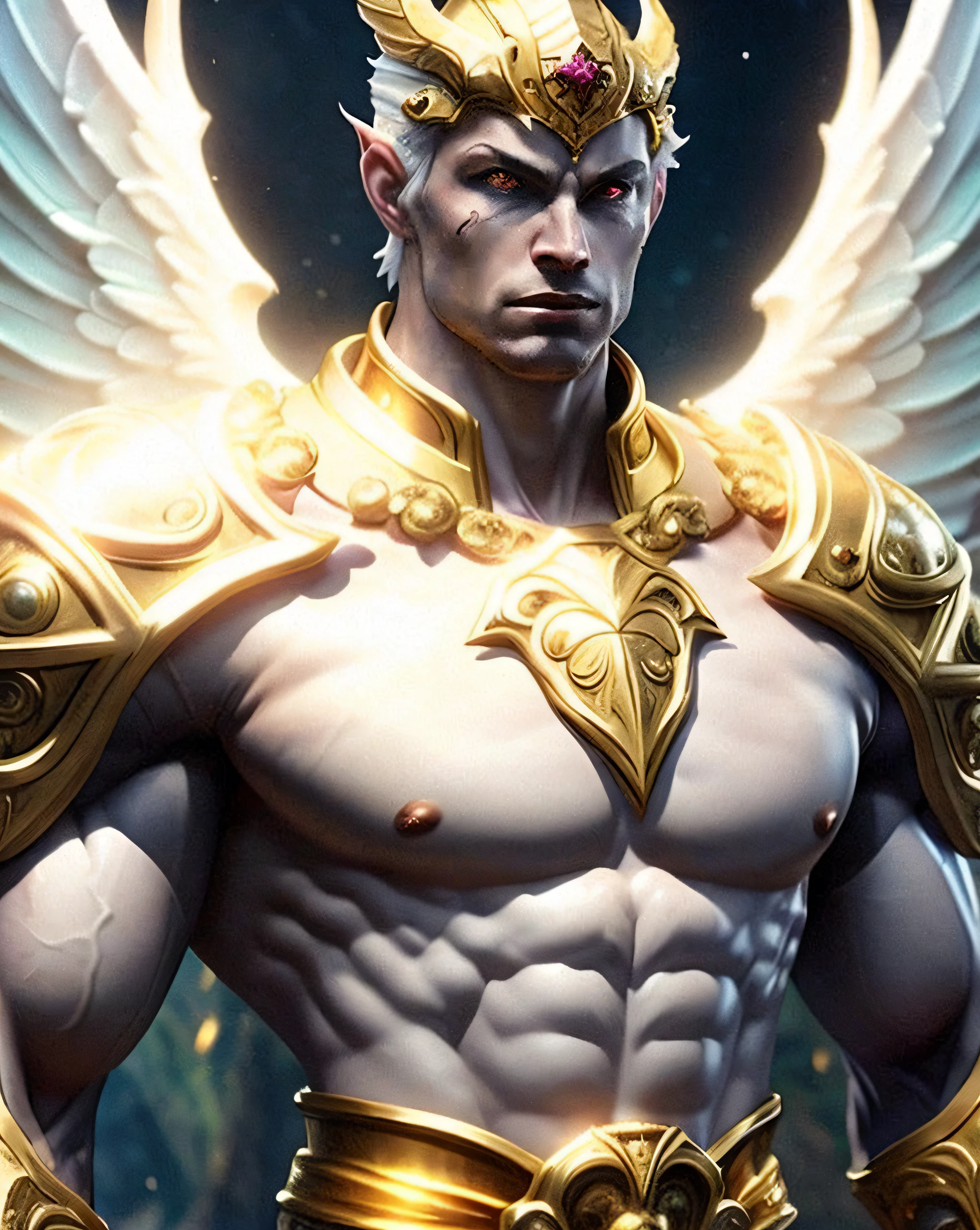 ????, 8K, 3D Unreal Engine, A Full body shot of a Handsome Astral Muscular Pecs Celestial Male deity Demon, In the sky, White Hair, Pale White Skin and metallic, Weapon spear, Glowing Yellow Eyes, Metallic Clothing and Helmet, Wings, Shiny, Sash Veil,