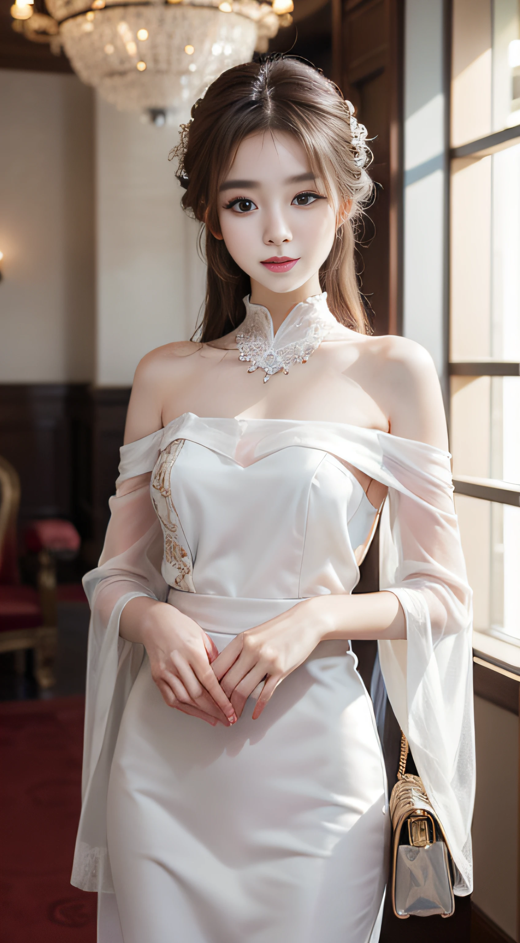 masterpiece、Top image quality:1.2、((beautiful young woman with))、Transparent skin:1.2、{A slight smil}、(kawaii)、luxury hotel、depth of fields