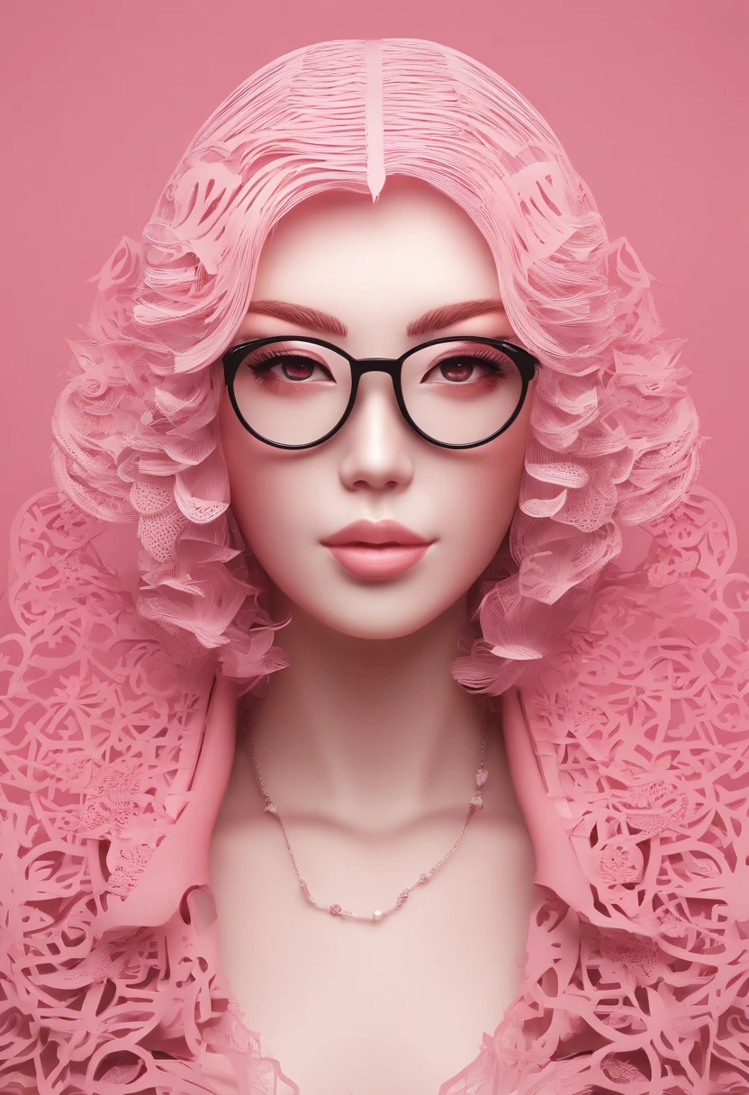 Close-up of a woman with pink hair wearing glasses, Guviz-style artwork, Guvez, Kawaii realistic portrait, Inspired by Makoto-kun, Glowing pink face, Pink girl, a beautiful anime portrait, Pink glasses, Glowing pink eyes, Realistic anime 3 D style, Yanjun City, Realistic anime art style, ((Pink)8K