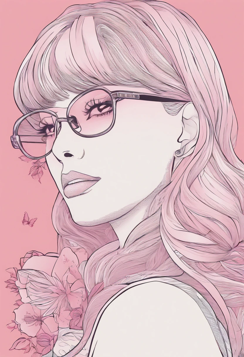 Close-up of a woman with pink hair wearing glasses, Guviz-style artwork, Guvez, Kawaii realistic portrait, Inspired by Makoto-kun, Glowing pink face, Pink girl, a beautiful anime portrait, Pink glasses, Glowing pink eyes, Realistic anime 3 D style, Yanjun City, Realistic anime art style, ((Pink)8K