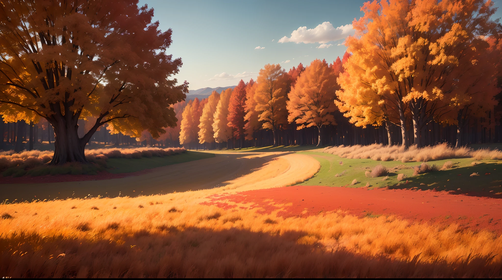 (best quality,4k,8k,highres,masterpiece:1.2),ultra-detailed,(realistic,photorealistic,photo-realistic:1.37),autumn foliage,beautiful landscape,brilliant sky in the background,wind blowing leaves,autumn grass,falling leaves on trees,autumn trees,atmospheric lighting,serene atmosphere,vibrant colors,leaf-strewn field,autumn photography