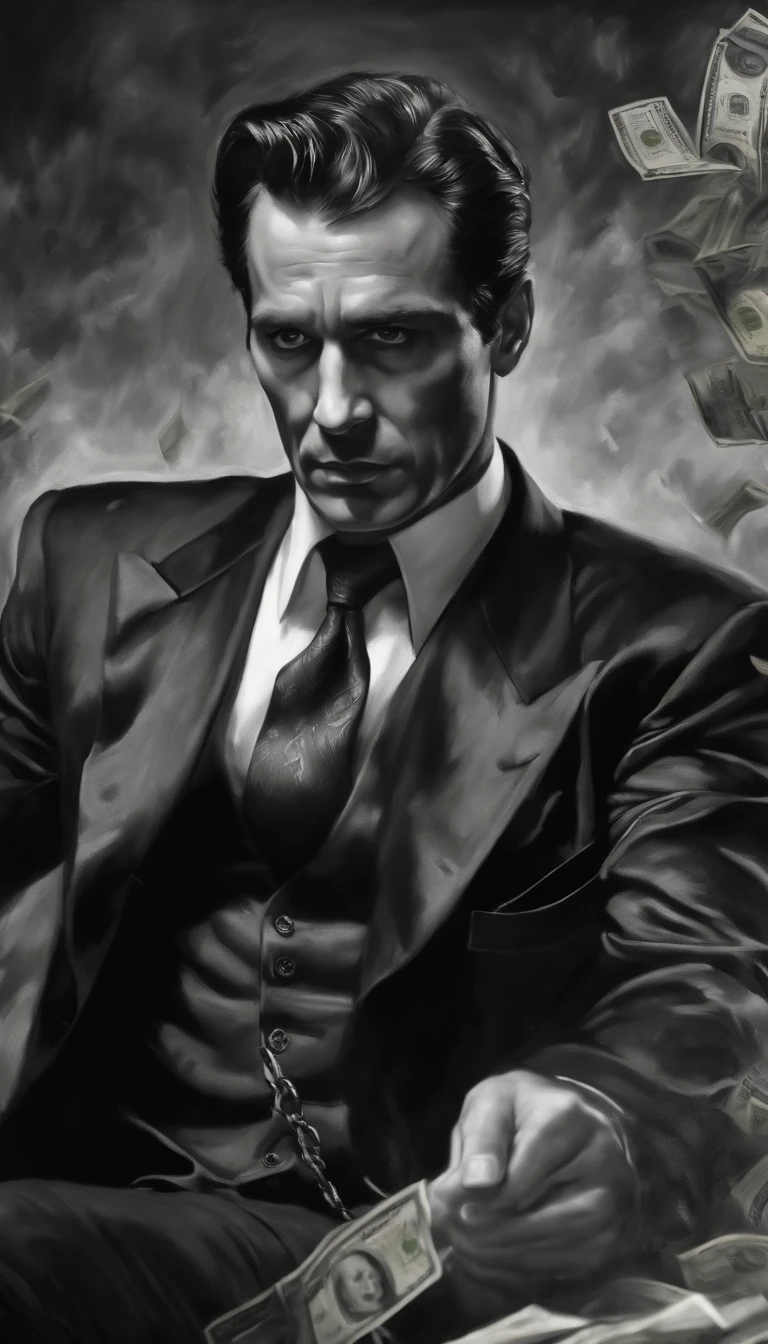 Man fighting money, Oil Painting, Harsh brush strokes, Dramatic Lighting, intense expression, Determined eyes, hold fists, sweat dripping down his face, Wrinkled suit, broken chains, Crumbling dollar bills, Crumbling Stock Market Graph, Smoke rises in the background, Black and white with a touch of gold, Realism. (Best Quality, hight resolution, Ultra-detailed), (Realistic:1.37), Professional, Vivid colors.