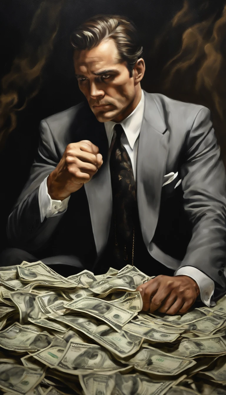 Man fighting money, Oil Painting, Harsh brush strokes, Dramatic Lighting, intense expression, Determined eyes, hold fists, sweat dripping down his face, Wrinkled suit, broken chains, Crumbling dollar bills, Crumbling Stock Market Graph, Smoke rises in the background, Black and white with a touch of gold, Realism. (Best Quality, hight resolution, Ultra-detailed), (Realistic:1.37), Professional, Vivid colors.