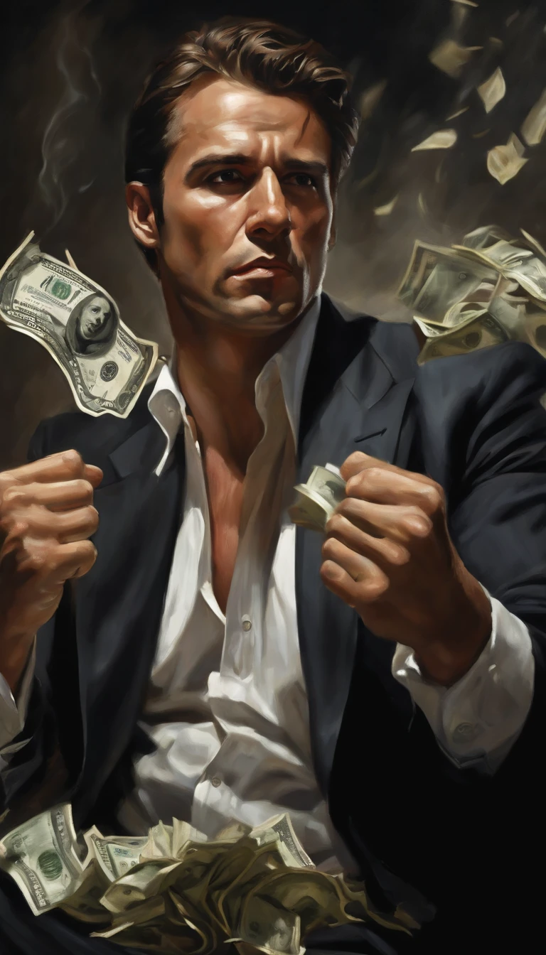 Man fighting money, Oil Painting, Harsh brush strokes, Dramatic Lighting, intense expression, Determined eyes, hold fists, sweat dripping down his face, Wrinkled suit, broken chains, Crumbling dollar bills, Crumbling Stock Market Graph, Smoke rises in the background, Black and white with a touch of gold, Realism. (Best Quality, hight resolution, Ultra-detailed), (Realistic:1.37), Professional, Vivid colors.