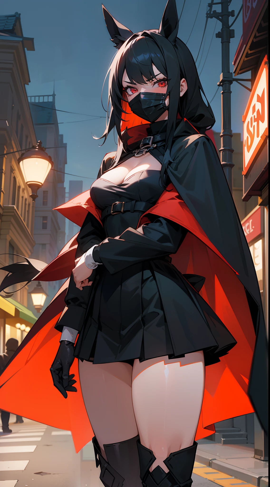 Original Character,8k, Masterpiece, Best Quality,Detailed, Beautiful Detailed Eyes, solo),1girl ,20s,tall,angry face,bare thighs, long black boots, cleavage, body-hugging clothing,black mini skirt,black cape,small breasts,black hair,long hair,red eyes,horse ears,horse tail,(black mask),standing next to a store on a city street at night,(night,night sky),(cowboy shot)