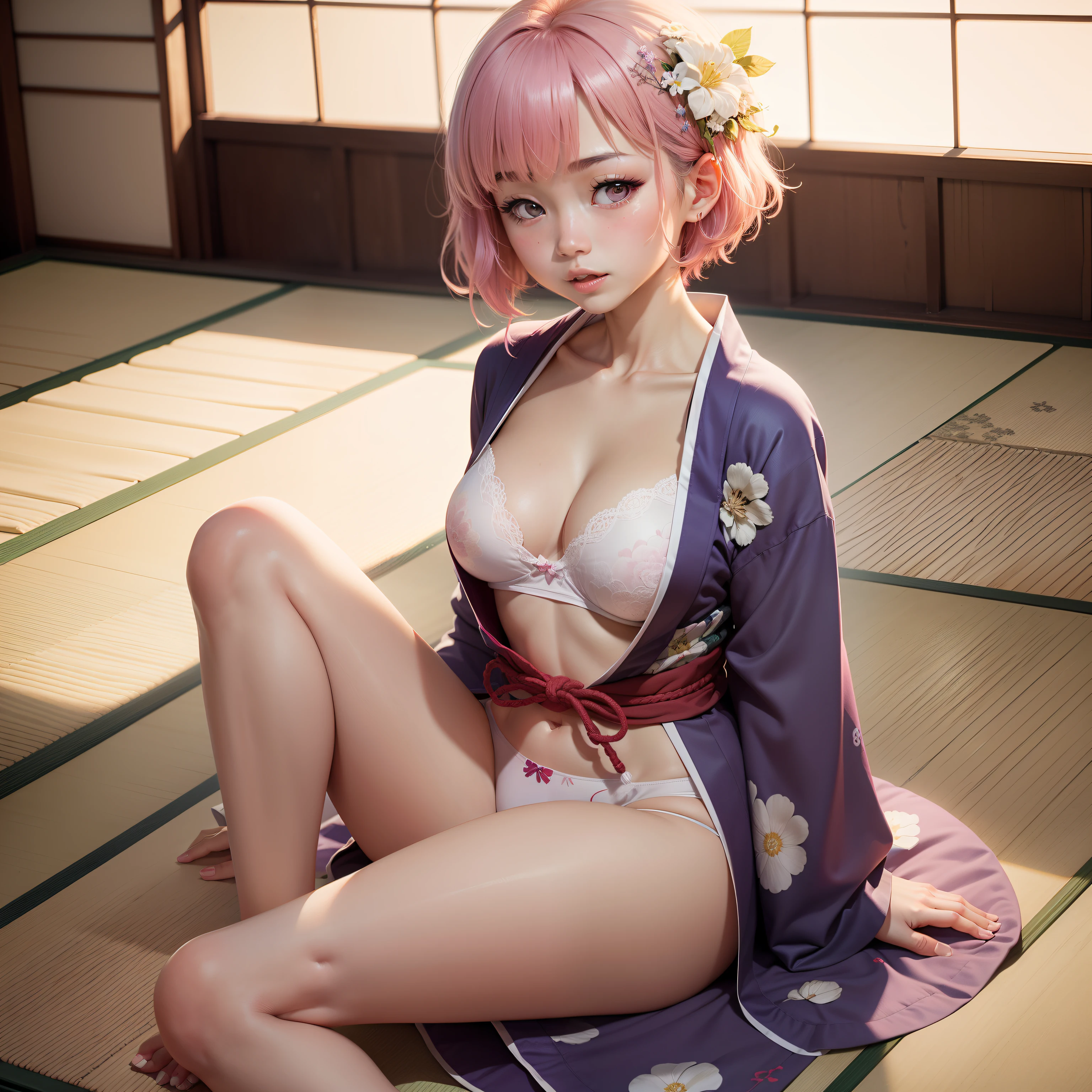 Japanese-style room in the Japan, momohd, phmomo, Solo, 1girl in, Pink hair, Purple eyes, Short hair, Hair Flower, Wearing a yukata, Big eyes, embarrassed,Sleep on tatami mats,bare-legged,Happy,White underwear,Chest exposed,