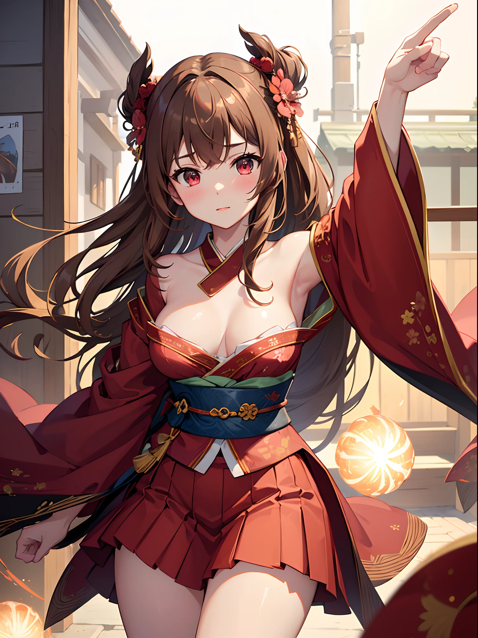 ((4K, master piece, Best Quality)), 1girl in, Light brown SHRT hair, Red Eyes, center parted hair, medium breasts, Cute, blush, kimono skirt, firework