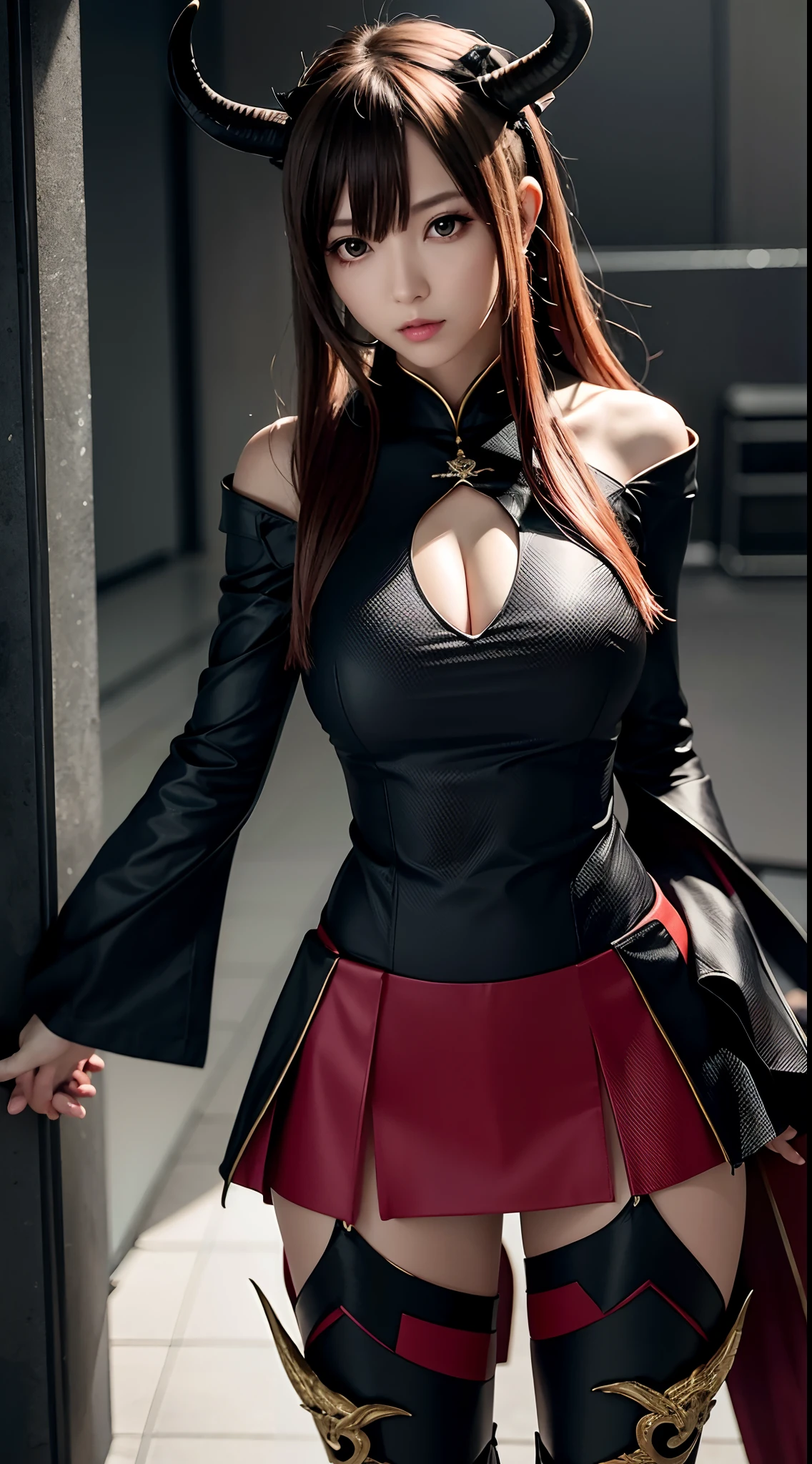 (ultra extreme details),(masterpeace),(hyper extreme),(Photorealistic),CG,(colours:1.2), Beautiful lighting,Light from the front,Rating:safe,Solo, Haruna,Four horns,brown_Hair,double tails,Long_Hair,Red eyes,Hair_decorations,zettai_ryouiki,upper legs_Boots,short_dress,Wide_Sleeves,Black pants,