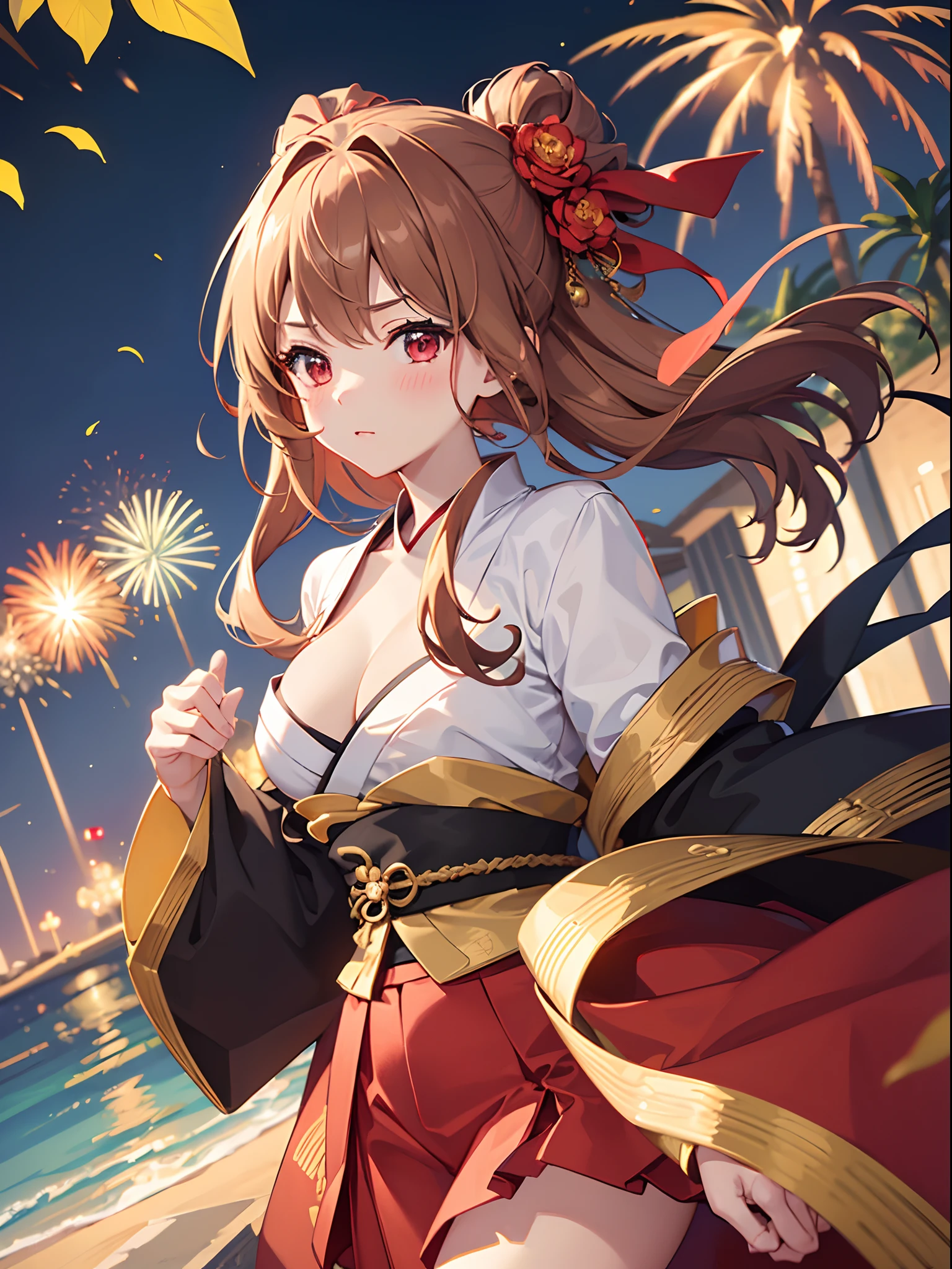 ((4K, master piece, Best Quality)), 1girl in, Light brown SHRT hair, Red Eyes, center parted hair, medium breasts, Cute, blush, kimono skirt, firework