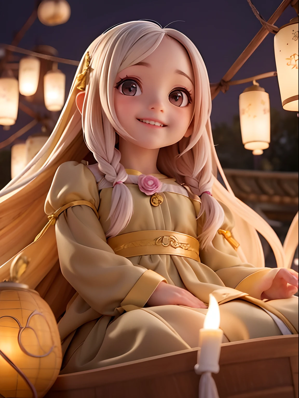 Rapunzel、2 head body、Smiling and looking up、A lot of lanterns are floating in the background、On the boat