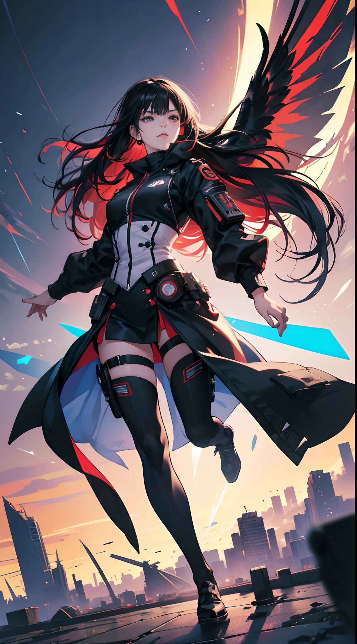(Best Quality,4K,High resolution), 18yo woman, Red highlights on black hair, Long hair, Straight hair, Cool Woman,Cold eyes ,sharp eye，glares，Red glowing eyes，Soaring in the sky，Full body close-up，Turning the camera from behind，Delicate illustrations drawn in detail，Clothes with intricate decorations, Cyberpunk Expressions，Realistic portrayal，luminous sky，Vibrant colors，(Best Quality,4K,High resolution)，noisy，rampage，comic strip，animesque，Comical illustration，busy，Deformed cute illustration，Full body projection，Flying in the air，Flash from behind