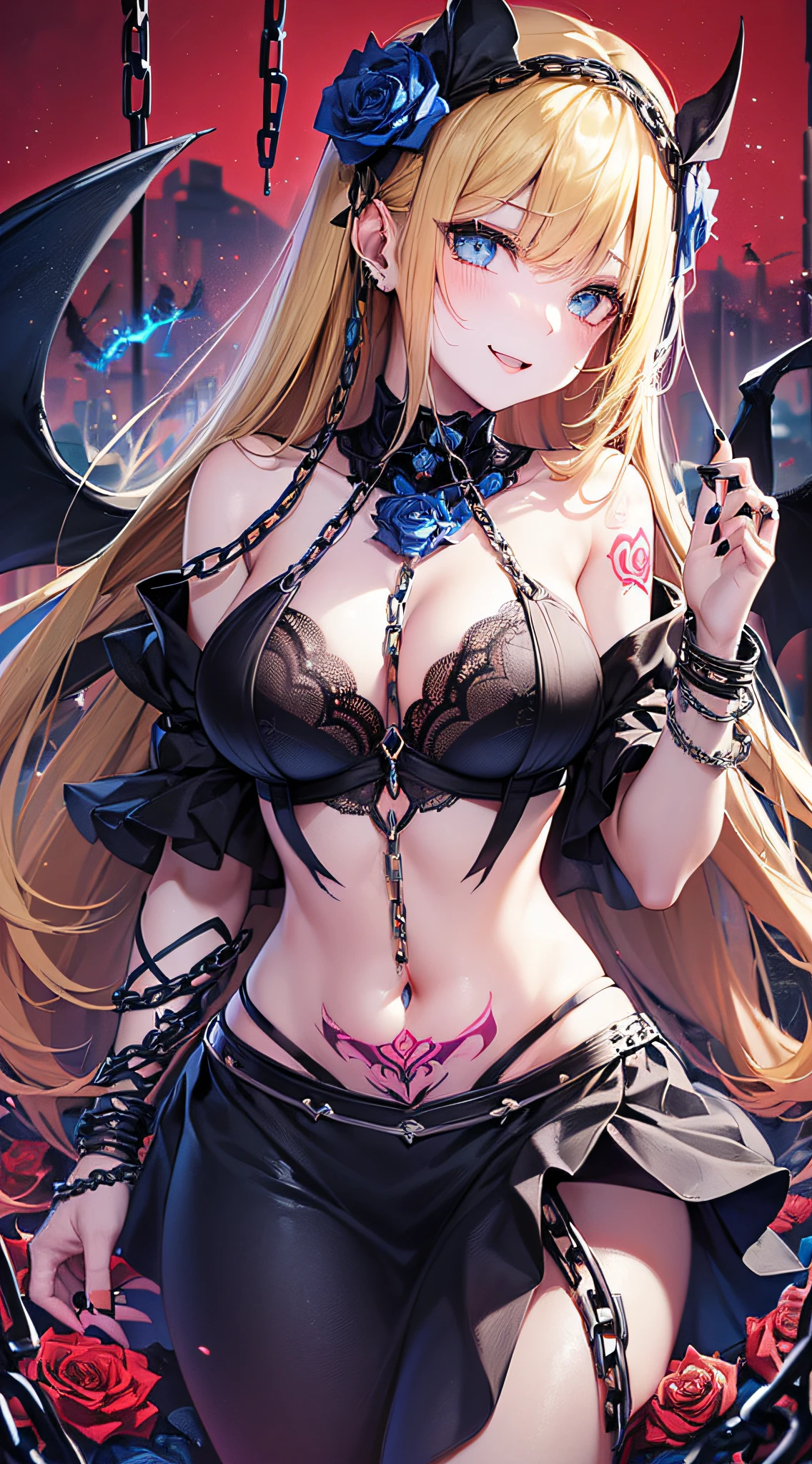 top-quality、Top image quality、masterpiece、girl with((18year old、Dark clothing、Dark bra、Dark skirt、 Best Bust、Bust 90、Blonde long、Blue eyes、open chest wide、Valley、Happiness、A slender、Provocative behavior、Evil face、Handcuffed、High laughter、Skull Tattoo、Tattoo of roses、Targeting your audience、Tighten blue rose hair、Aura of Darkness,Dark Forces,blue flames、Chain Accessories、Black wings、Black manicure、With a black whip))hiquality、Beautiful Art、Background with((prison、Dark impression、nightcity,Red sky、Many bats、many chains、the magma))、masutepiece、Elaborate design、visualart、dark art