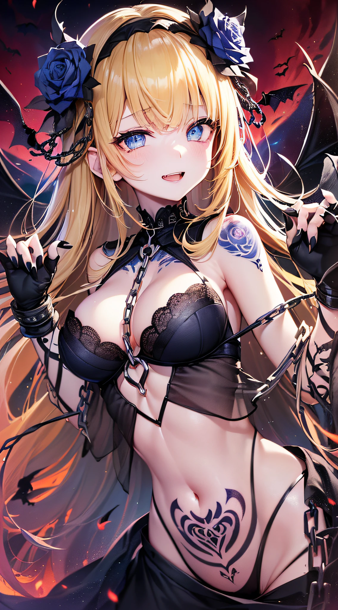 top-quality、Top image quality、masterpiece、girl with((18year old、Dark clothing、Dark bra、Dark skirt、 Best Bust、Bust 90、Blonde long、Blue eyes、open chest wide、Valley、Happiness、A slender、Provocative behavior、Evil face、Handcuffed、High laughter、Skull Tattoo、Tattoo of roses、Targeting your audience、Tighten blue rose hair、Aura of Darkness,Dark Forces,blue flames、Chain Accessories、Black wings、Black manicure、With a black whip))hiquality、Beautiful Art、Background with((prison、Dark impression、nightcity,Red sky、Many bats、many chains、the magma))、masutepiece、Elaborate design、visualart、dark art