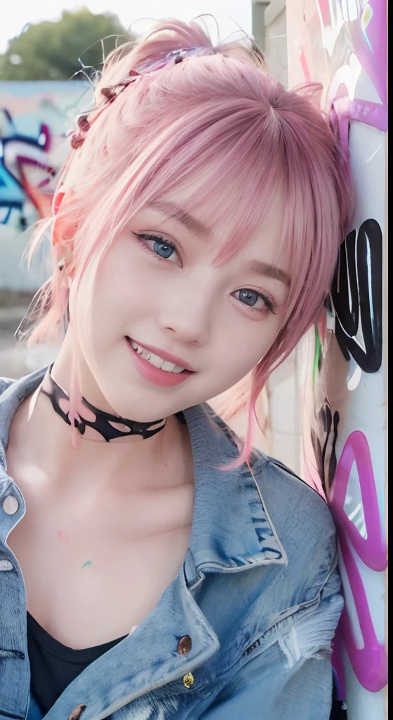 (ultra-detailliert), Black Psychedelic Shirt、Blue eyes,The upper part of the body、cowboy shot、18year old、faces、(A smile:1.5),(facing front:1.2),(masutepiece:1.3, Best Quality, Photorealistic, Ultra-detailed, Finely detailed, High resolution, 8K Wallpaper), 1 beautiful girl, Beautiful face, Detailed face, Beautiful eyes, Detailed eyes, Looks fun、Smiling, earrings, Necklace, Only 1 person,Pink Hair Medium Hair, (Pink hair), Ear Hair, small tits, Single braid, (Single braid), (Side braid),on a stage, Spotlight, small tits、Denim shorts, Choker, (Graffiti:1.5), Paint Splatter, arms behind back, Against Wall, Looking at Viewer, arm band, Thigh strap, paint on body,