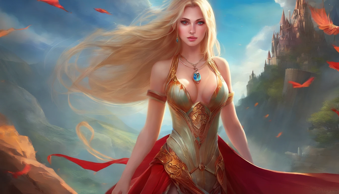 1 girl, large breast, long blonde hair, red mini skirt,blue eyes, sexy face, red shirt, red high heels, showing panties with right hand, muscular legs, touching breast with left hand,posing butt toward camera, hyper realistic, HDR, 8k