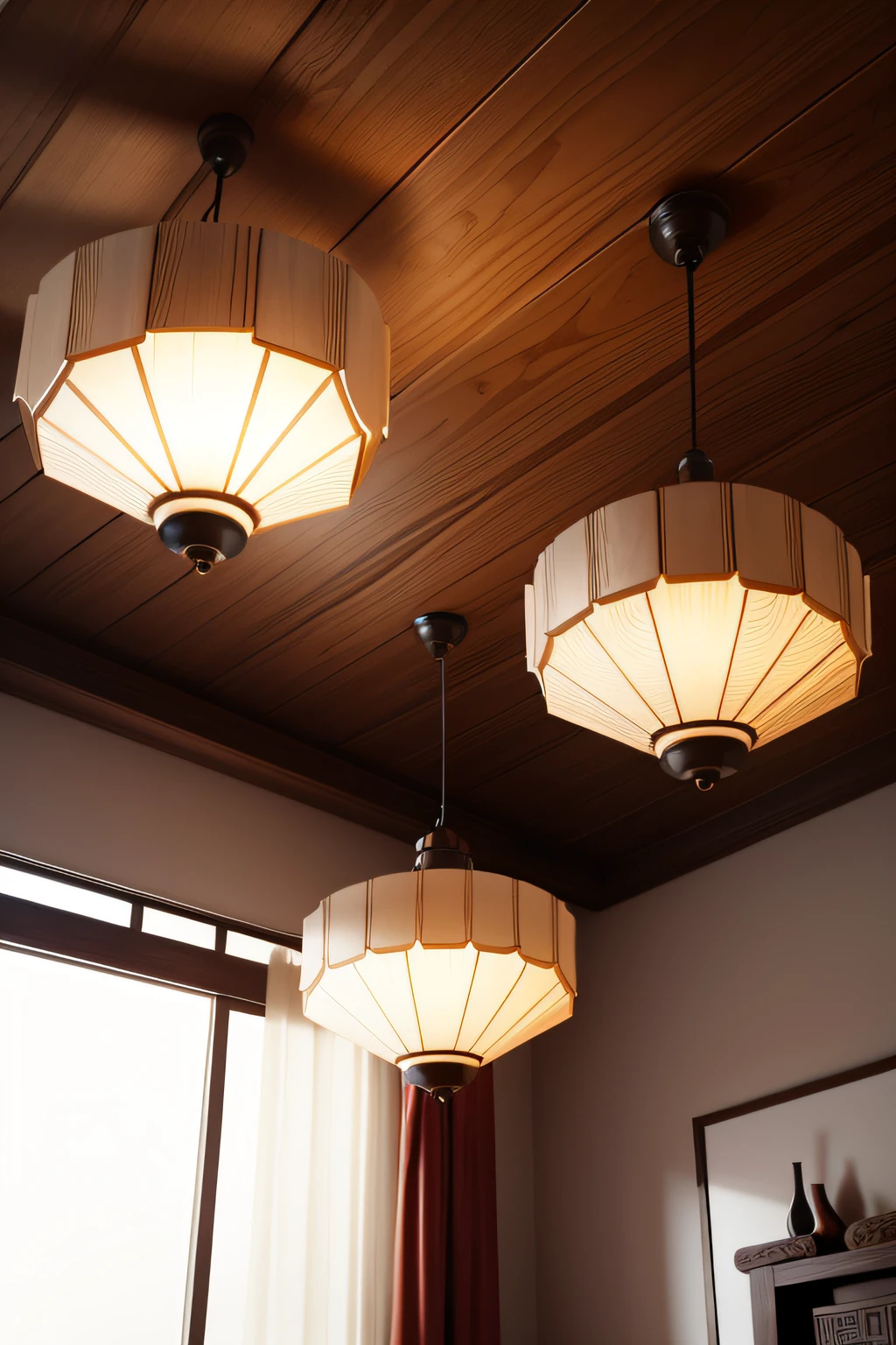New Chinese style lamps,Log wood color ceiling light,White pattern,Double minimalism