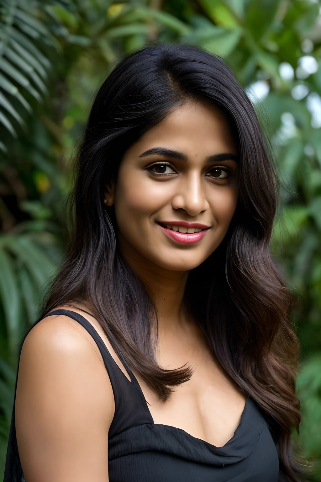 (full body, editorial photograph of a young dusky Indian woman), photographed in a garden, (highly detailed face:1.4) (smile:0.7) (background hillstation , moody, private study:1.3) POV, by lee jeffries, nikon d850, film stock photograph ,4 kodak portra 400 ,camera f1.6 lens ,rich colors ,hyper realistic ,lifelike texture, dramatic lighting , cinestill 800, realistic, wearing a black saree and black blouse, actress, karla ortiz, posing!!, candid picture, by Max Dauthendey, medium body, black hair, free hair, realistic skin texture