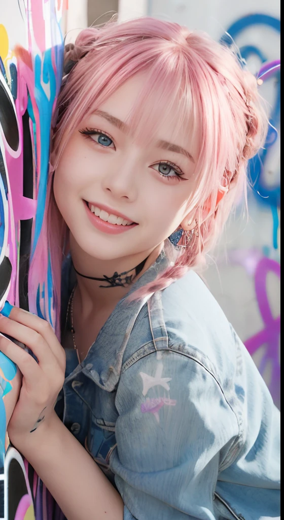 (ultra-detailliert), Black Psychedelic Shirt、Blue eyes,The upper part of the body、cowboy  shot、18year old、faces、(A smile:1.5),(facing front:1.2),(masutepiece:1.3, Best Quality, Photorealistic, Ultra-detailed, Finely detailed, High resolution, 8K Wallpaper), 1 beautiful girl,  Beautiful face, Detailed face, Beautiful eyes, Detailed eyes, Looks fun、Smiling, earrings, Necklace, Only 1 person,Pink Hair Medium Hair, (Pink hair), Ear Hair, small tits, Single braid, (Single braid), (Side braid),on a stage, Spotlight, small tits、Denim shorts, Choker, (Graffiti:1.5), Paint Splatter, arms behind back, Against Wall, Looking at Viewer, arm band, Thigh strap, paint on body,
