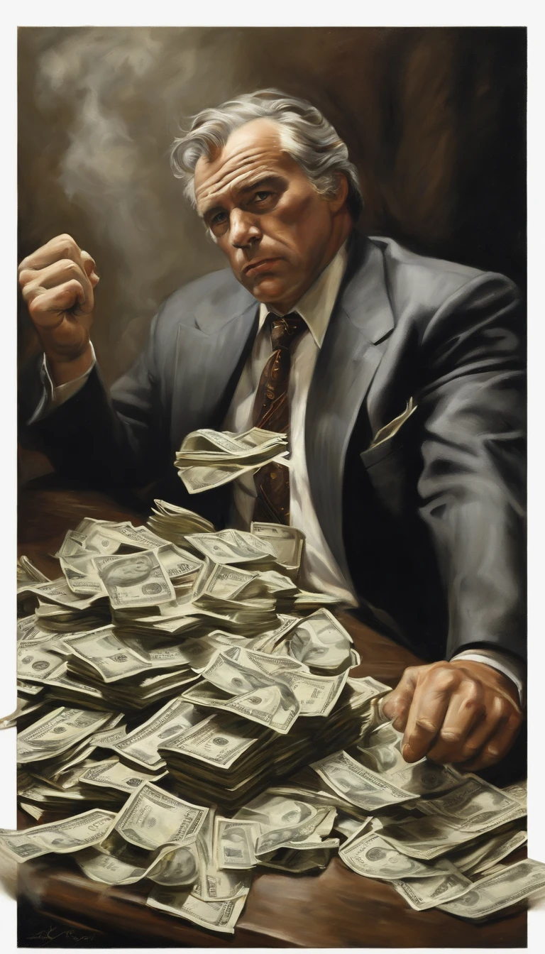 Man fighting money, Oil Painting, Harsh brush strokes, Dramatic Lighting, intense expression, Determined eyes, hold fists, sweat dripping down his face, Wrinkled suit, broken chains, Crumbling dollar bills, Crumbling Stock Market Graph, Smoke rises in the background, Black and white with a touch of gold, Realism. (Best Quality, hight resolution, Ultra-detailed), (Realistic:1.37), Professional, Vivid colors.