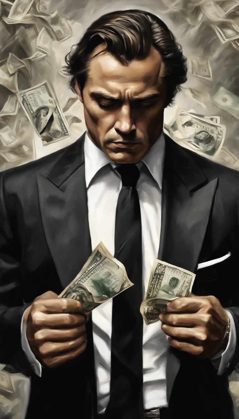 Man fighting money, Oil Painting, Harsh brush strokes, Dramatic Lighting, intense expression, Determined eyes, hold fists, sweat dripping down his face, Wrinkled suit, broken chains, Crumbling dollar bills, Crumbling Stock Market Graph, Smoke rises in the background, Black and white with a touch of gold, Realism. (Best Quality, hight resolution, Ultra-detailed), (Realistic:1.37), Professional, Vivid colors.