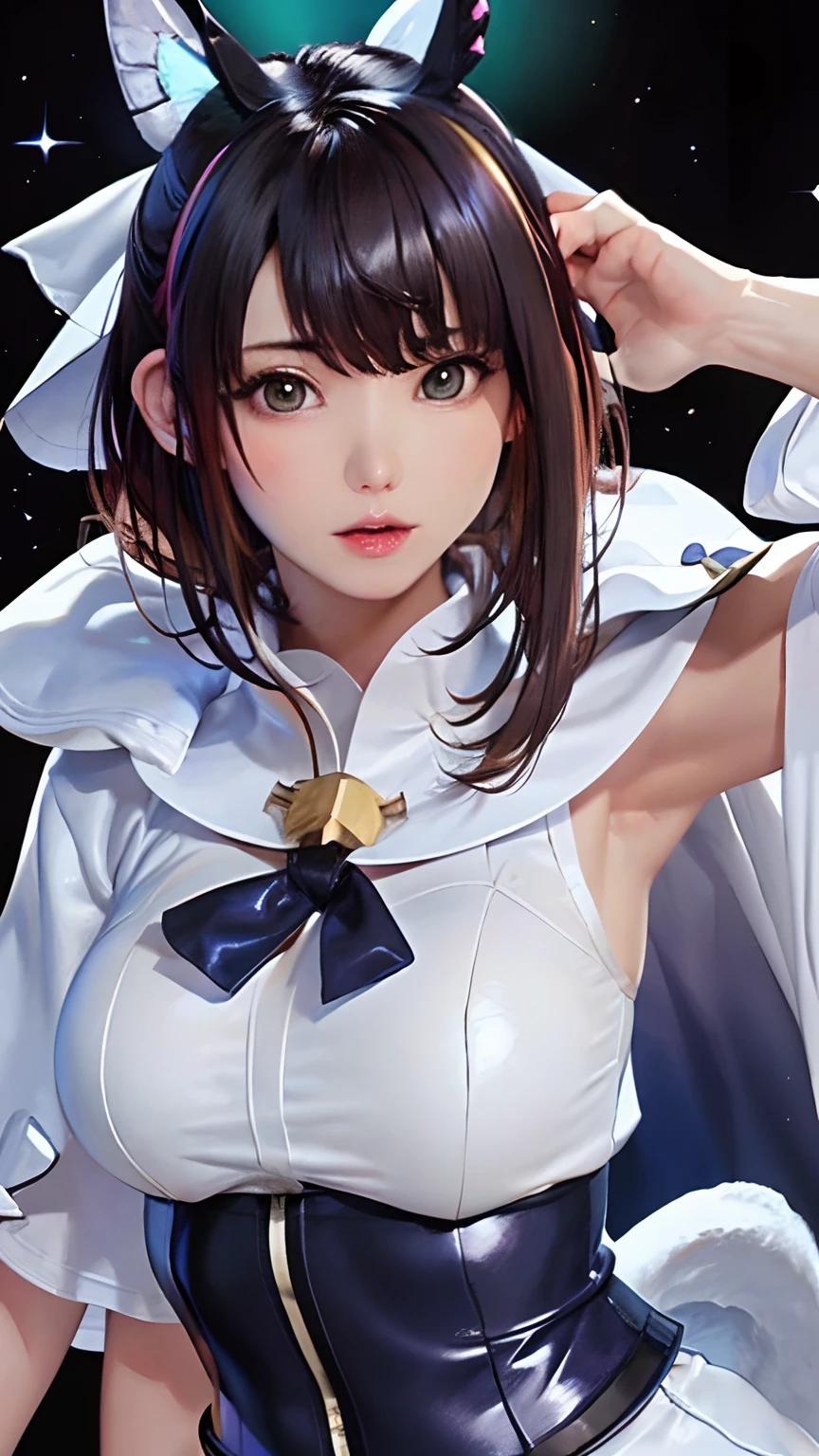 (masterpiece、top-quality、hight resolution、Official art、Beautifully Aesthetic:1.2)、(1girl in)、ighly detailed、(Photorealsitic:1.4)、Realistic、colourfull、highestdetailed、face perfect、The upper part of the body、nffsw、(doa:1.3)、(White cloak golden lines:1.2)、intergalactic、(light streaks)、striking visuals、(Dynamic streaks、Bright trajectory:1.2)、vivd colour、