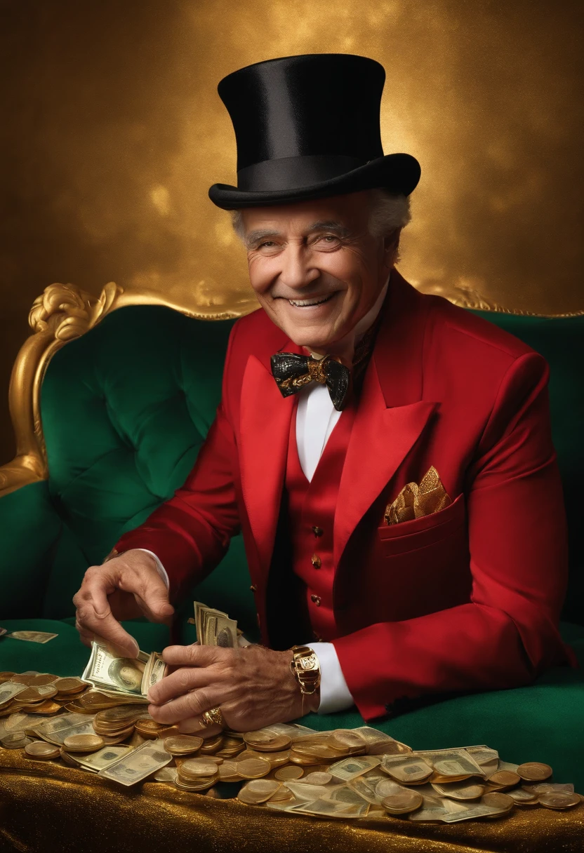realistic 75 years old smiling magician, black red suite, with hat, on a gold emerald lux sofa, making magic with money and gold