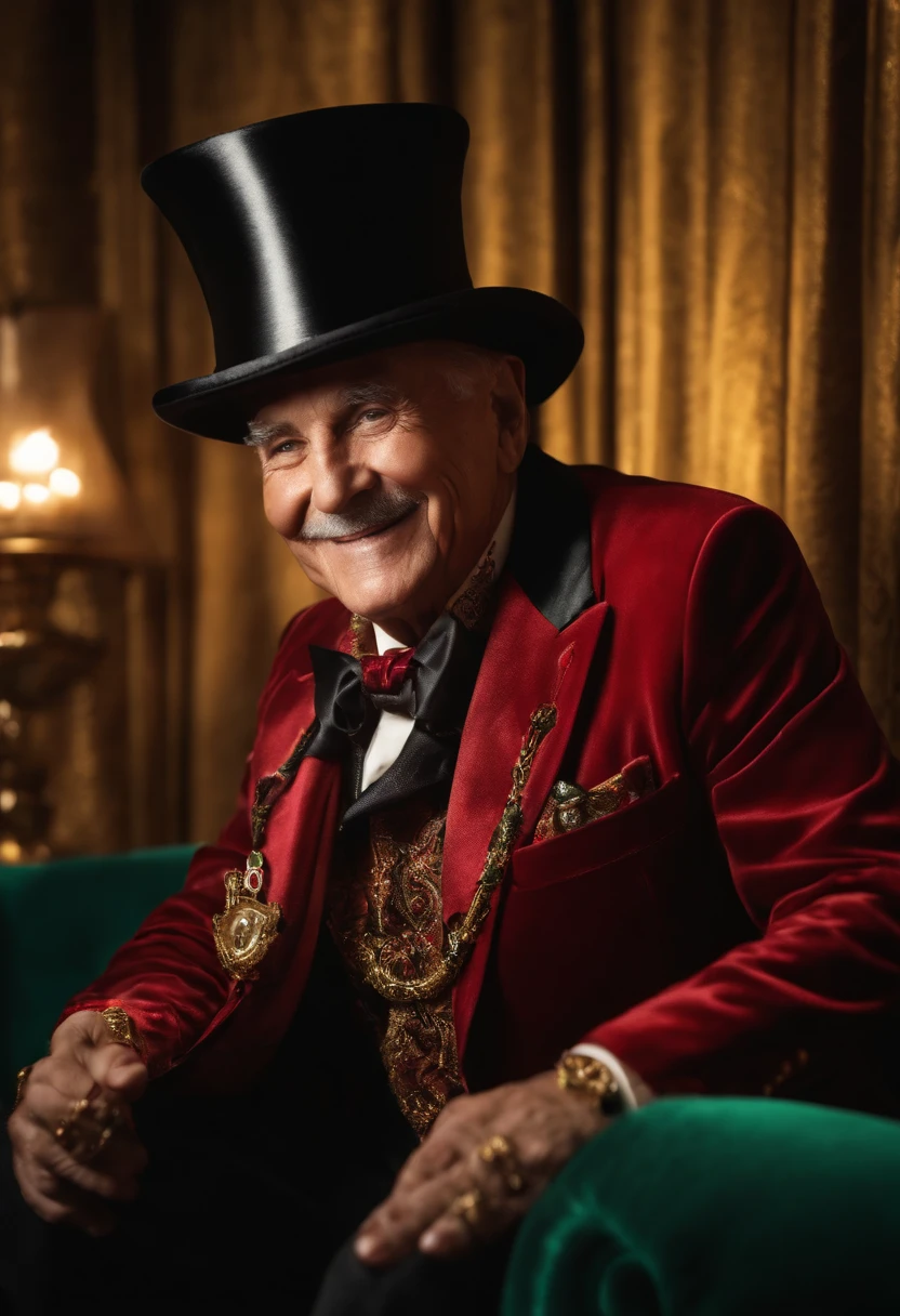 realistic 75 years old smiling magician, black red suite, with hat, on a gold emerald lux sofa, making magic with money and gold