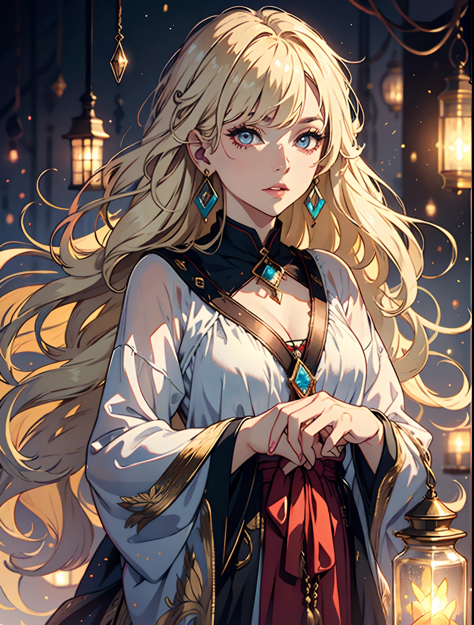 light wizard old woman, , long Side-Swept Bangs wavy Light Blonde hair, Crystal eyes, Ethnic Earrings, fashion outit