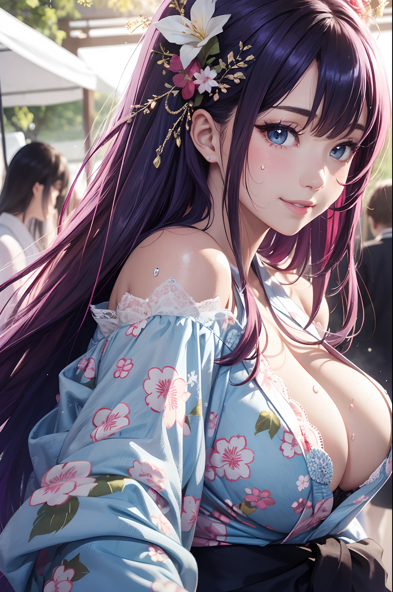 8K picture quality、top-quality、masutepiece,Purple colored hair、Half of the body is in water,Large breasts,cleavage,Off-the-shoulder attire,super high image quality、ultra - detailed、Ultra-realistic hair quality、Vibrant colors、Beautuful Women、Beautiful long hair、Shiny hair、detailed hairs、blue mesh、poneyTail、Blue eyes、shiny skins、Lace underwear、extremely giant breasts、Sweaty forehead and cheeks、Huge ass、Fluffy off-the-shoulder yukata、A smile、soft pink lips、Ultra-realistic flesh、Red cheeks、summer festival in background