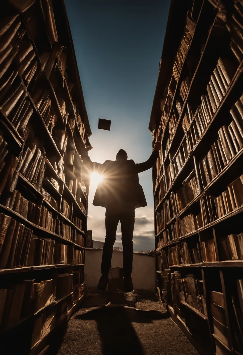 Books start to appear in the sky, flying around the person. The camera angle should be a high-angle shot looking down at the person. Convey the person's surprise as one book begins to descend towards them