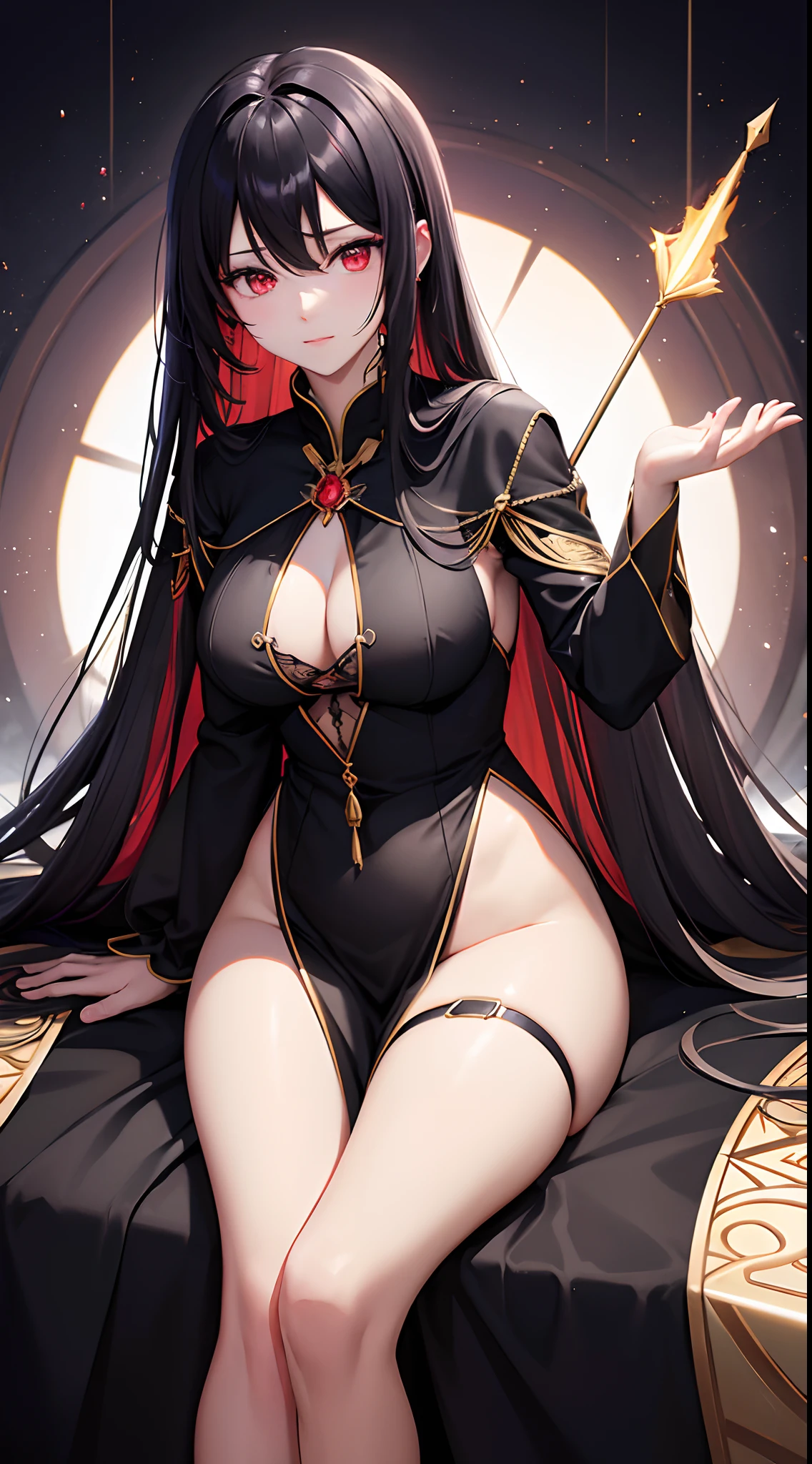 Beautiful long black hair、Anime girl with bright red eyes with beautiful light flash sitting on a throne with legs crossed。In a fantasy world it's magic.、Dressed in the black clothes of the Queen of the Underworld、Wearing a princess。tiarra、the perfect body、thick thight、Dominant appearance、An arrow of crimson light is pierced in her eye、large full breasts、Sensual body、Control black magic with one floating hand