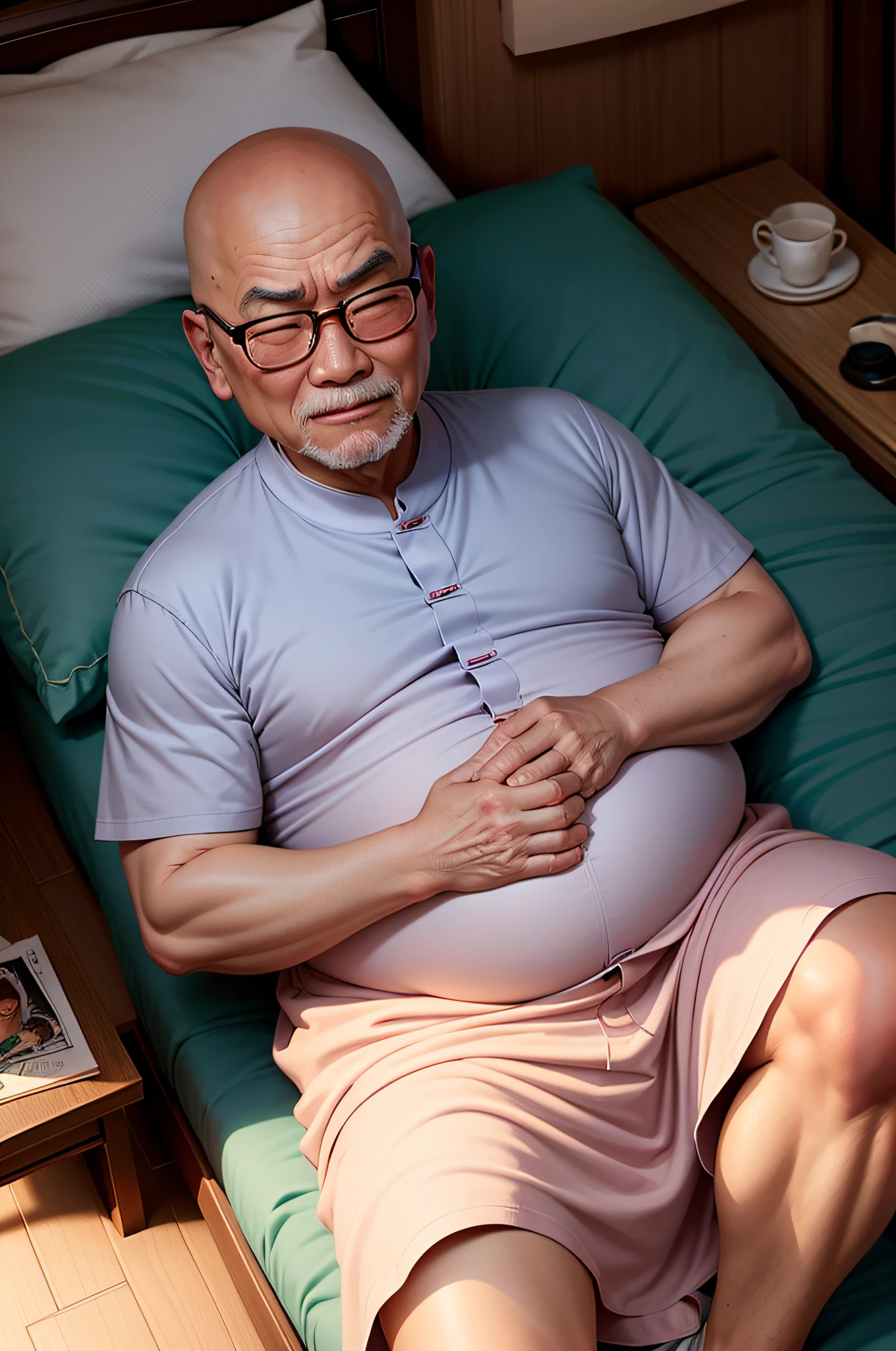 Disney Pixar style，A bald Chinese grandfather with a big belly，Wear flower reading glasses，Curl up at the foot of the bed，Very lonely crying