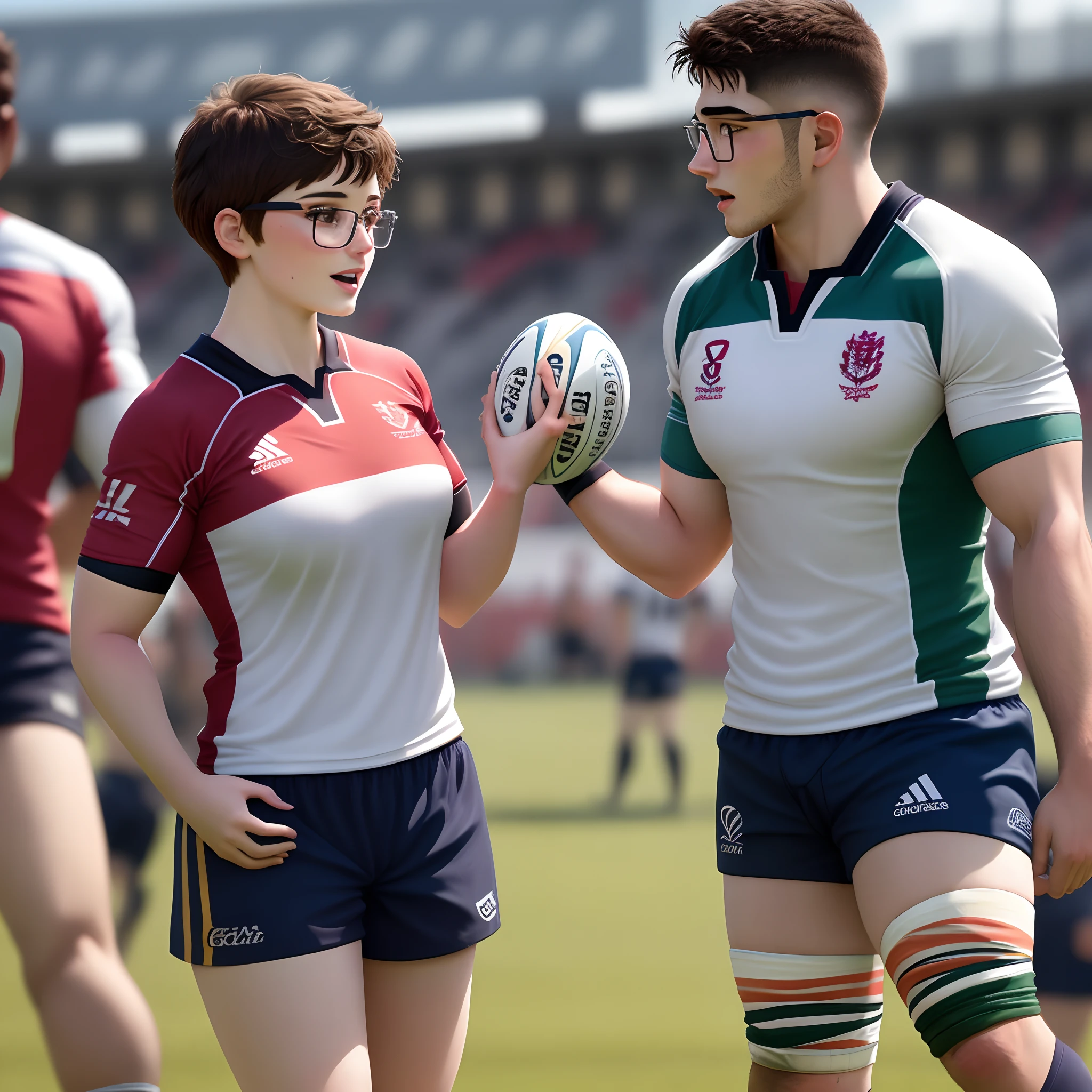 Young woman short hair cuts to the boy glasses who play rugby.
